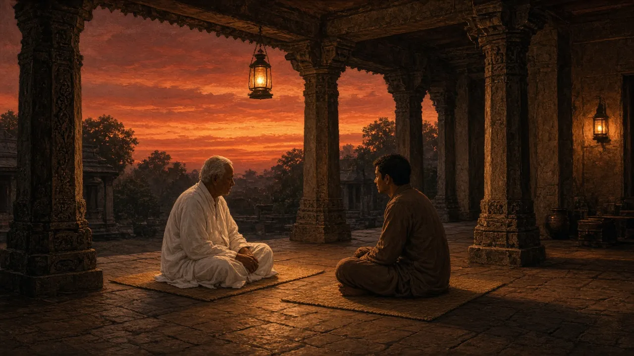 Two figures seated facing each other on a temple verandah at dusk