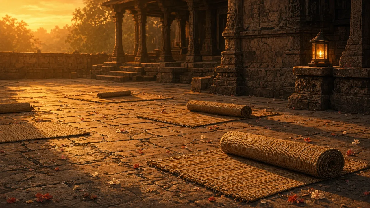 An empty temple courtyard at sunset with rolled mats and scattered petals