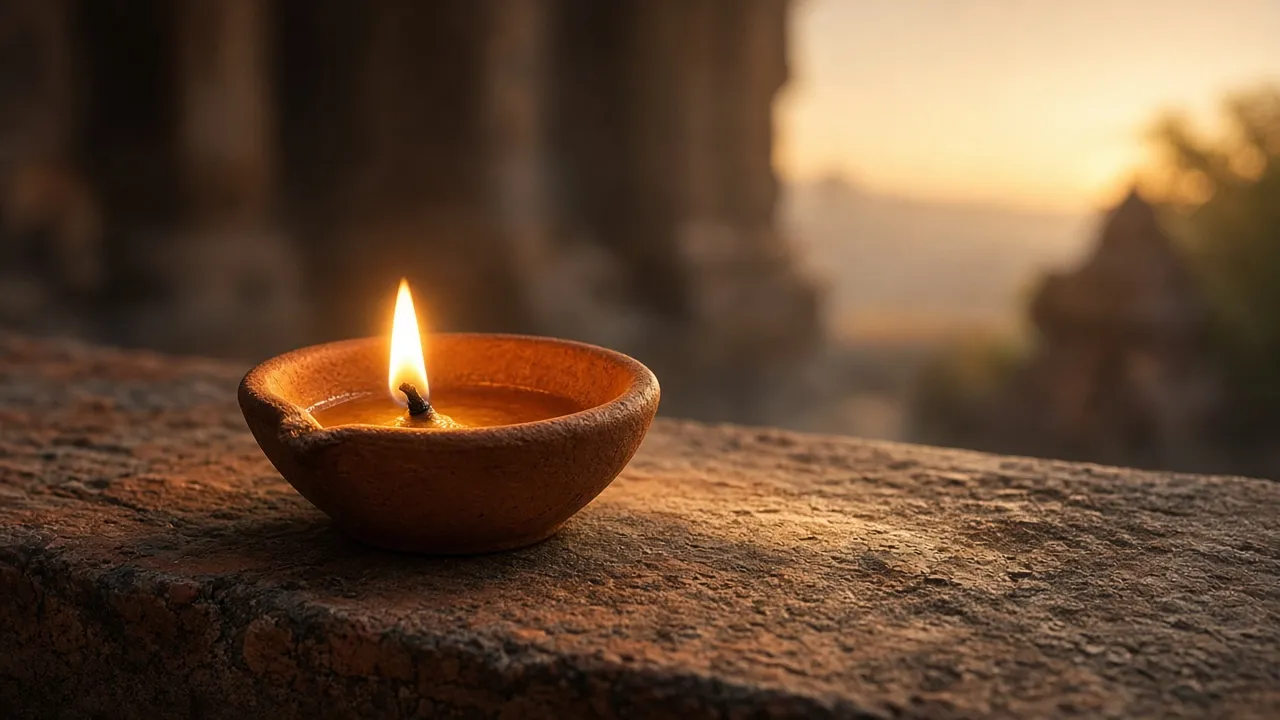 A small clay lamp burning on a stone ledge at dawn