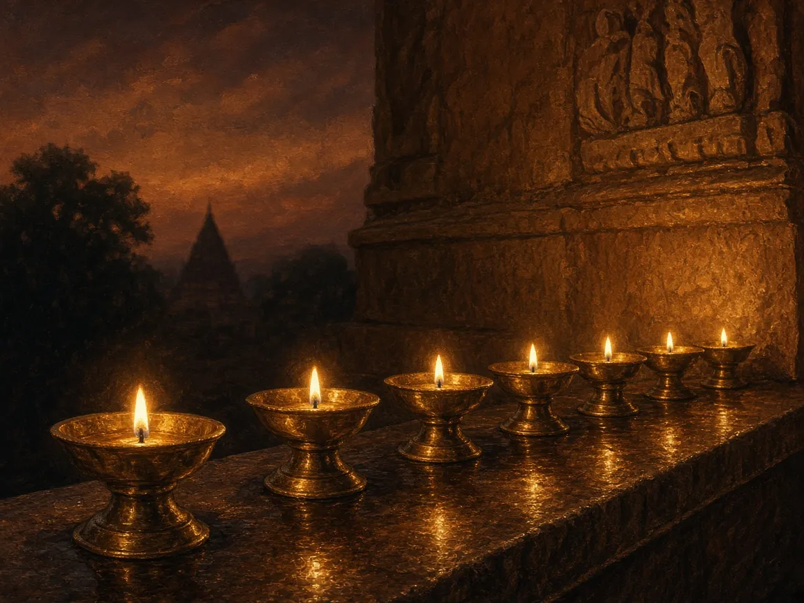 A row of brass oil lamps glowing along a temple wall at dusk
