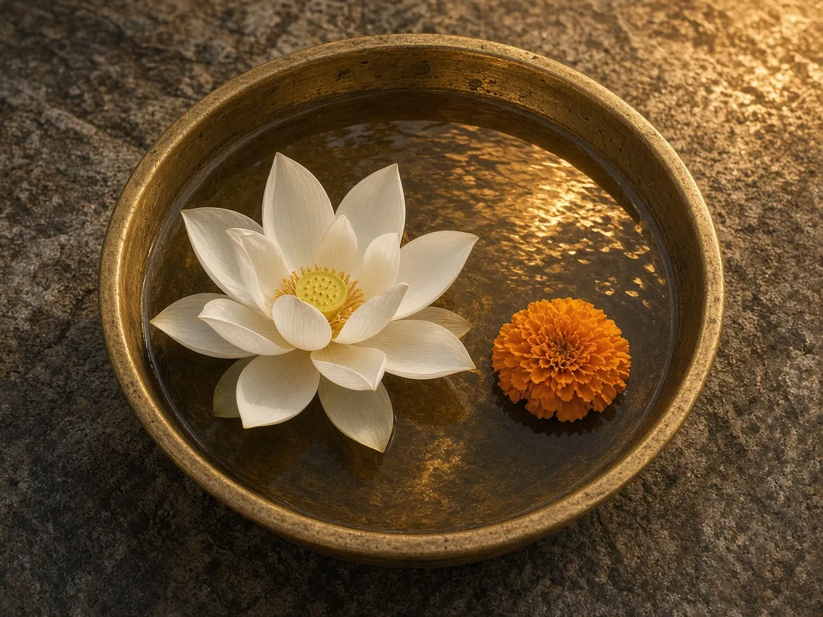 A pale lotus and a marigold floating in a brass bowl of still water