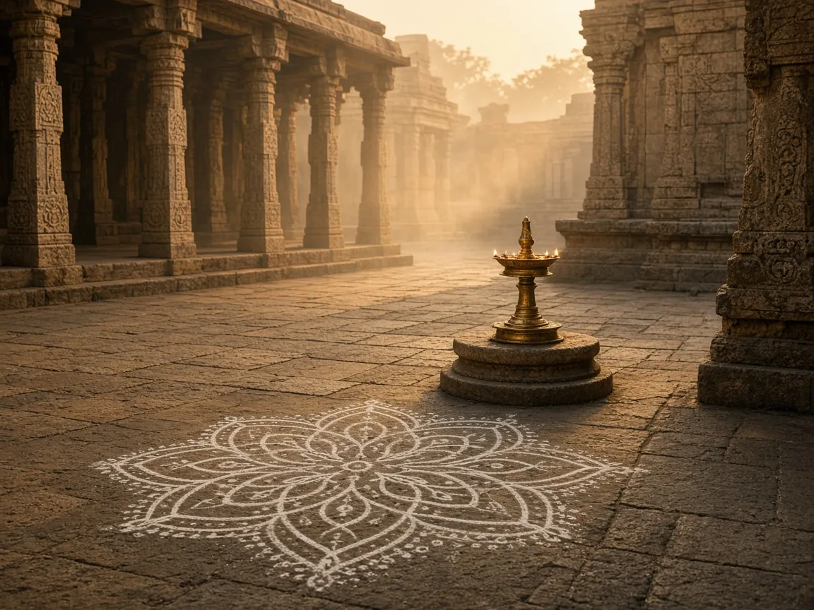 A misty temple courtyard at first light with a kolam drawn on the stone floor